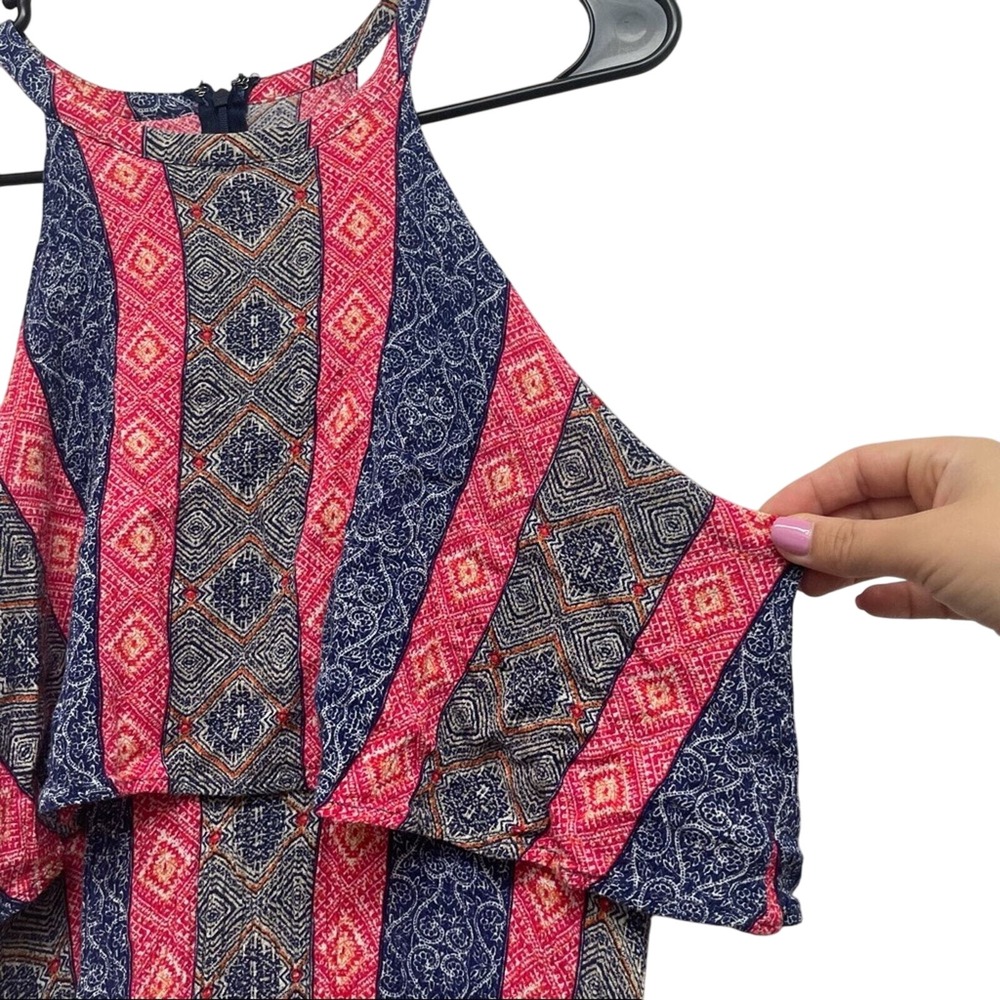 Lulus Boho Maxi Dress Geometric Print Pink Navy Halter Neck‎ Layered Size M